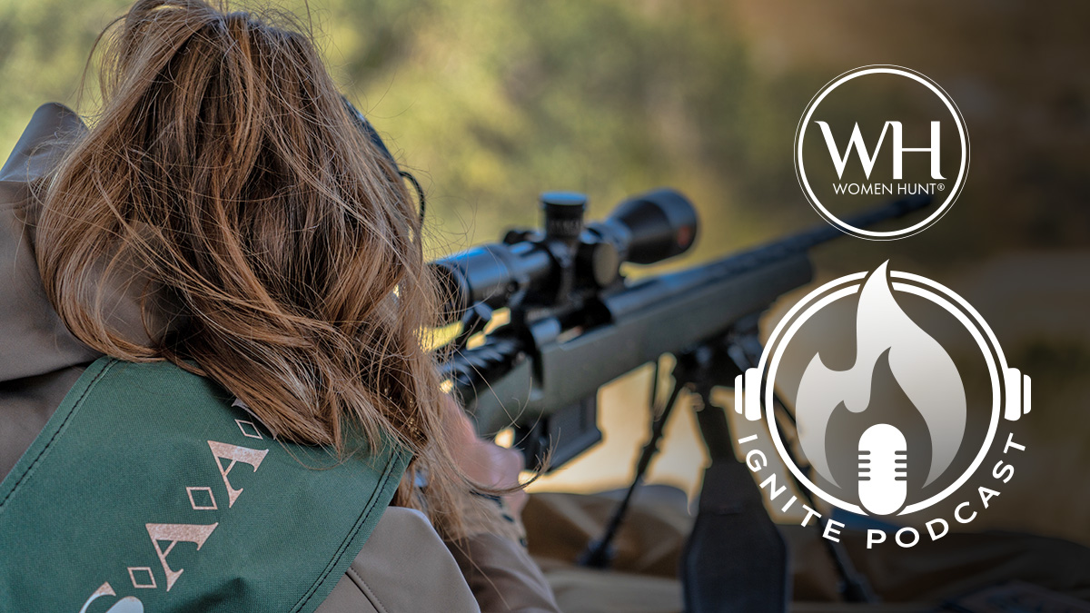 Woman hunter practicing shooting at a range with the Ignite Podcast and Women Hunt logos Woman hunter practicing shooting at a range with the Ignite Podcast and Women Hunt logos